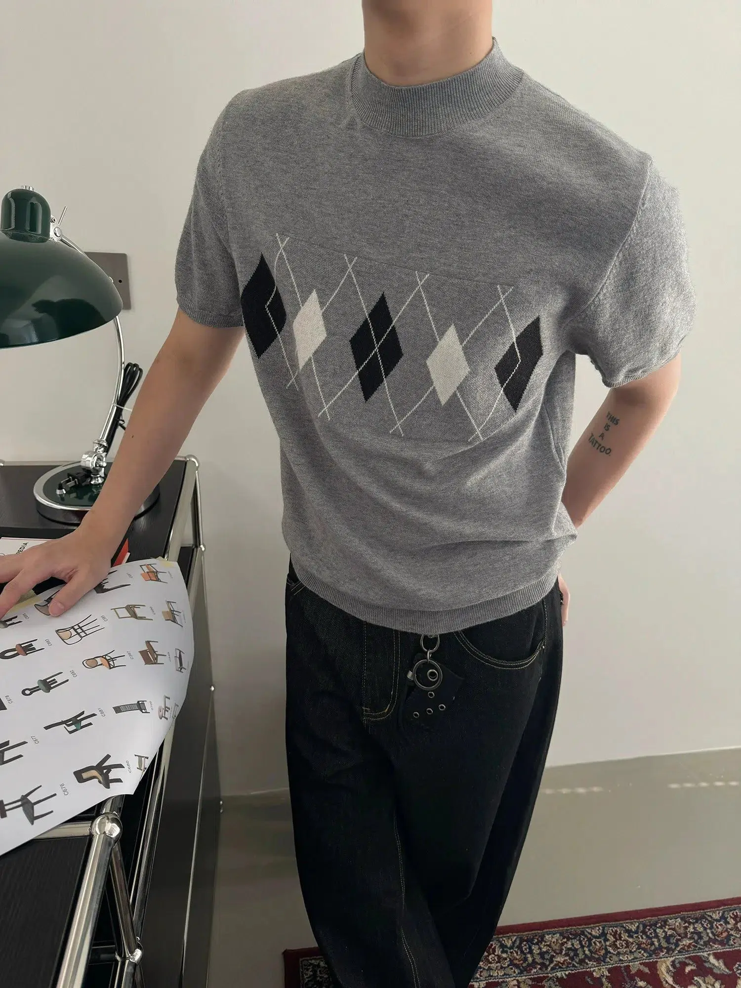 Nine Argyle Print Knitted Mockneck