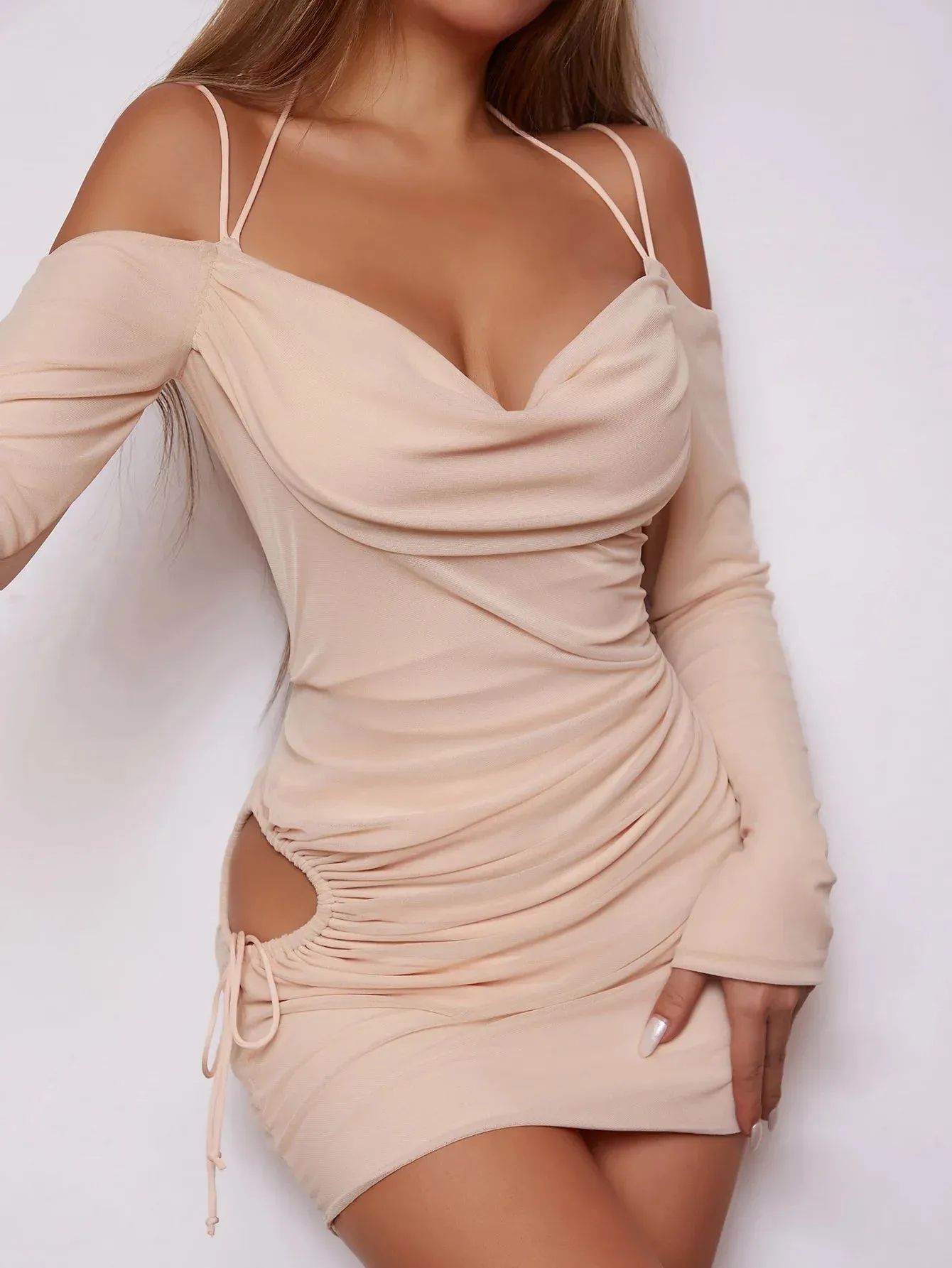 Open Strap Sling Tight Hollow Off Back Pleated Long Sleeve Cut Out Dress