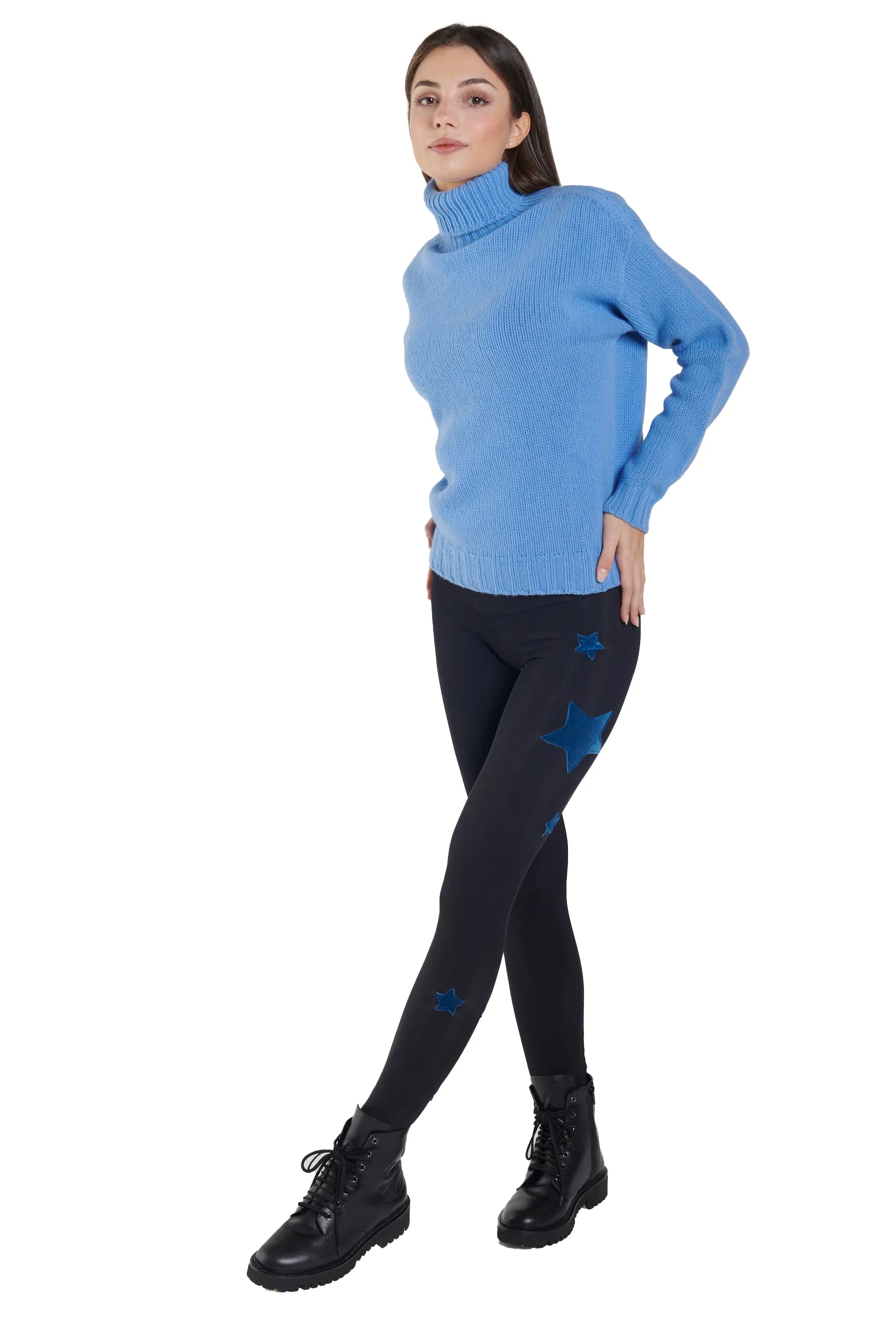 Orione Leggings in Lycra Felpata e Stelle Azzurro Pavone