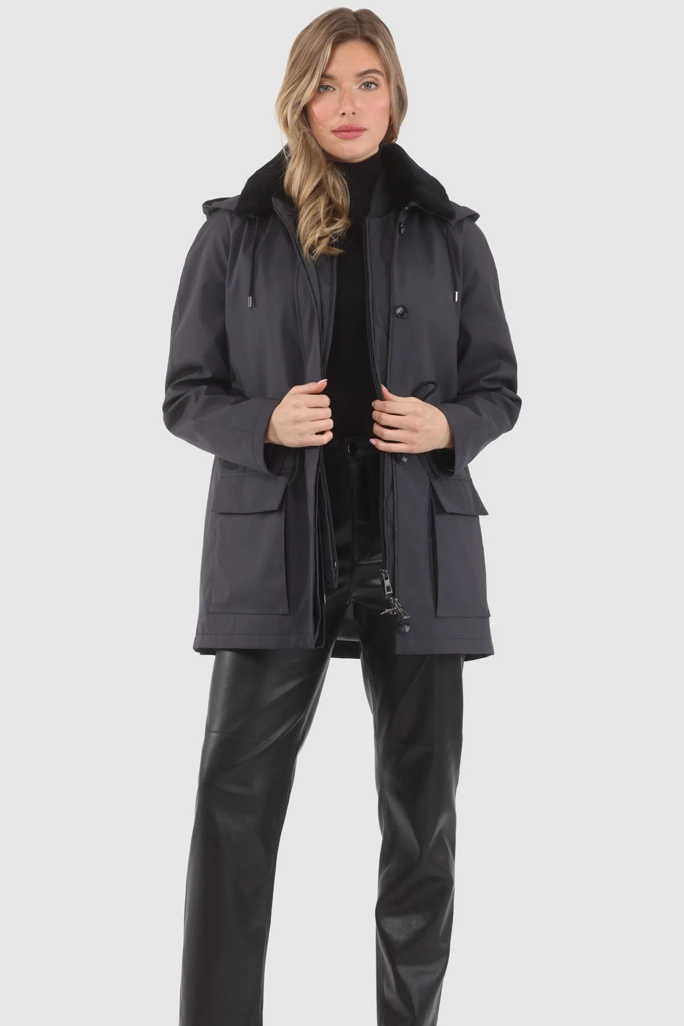 Parka with Detachable Hood and Select Shearling Lamb Collar, Removable Vest (2 Pcs)