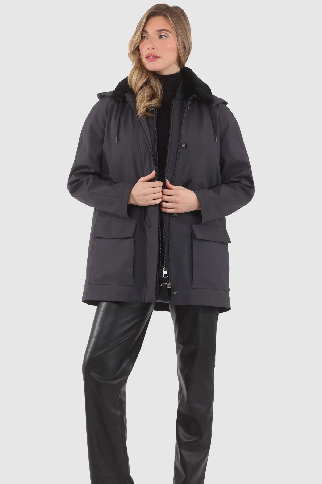 Parka with Detachable Hood and Select Shearling Lamb Collar, Removable Vest (2 Pcs)