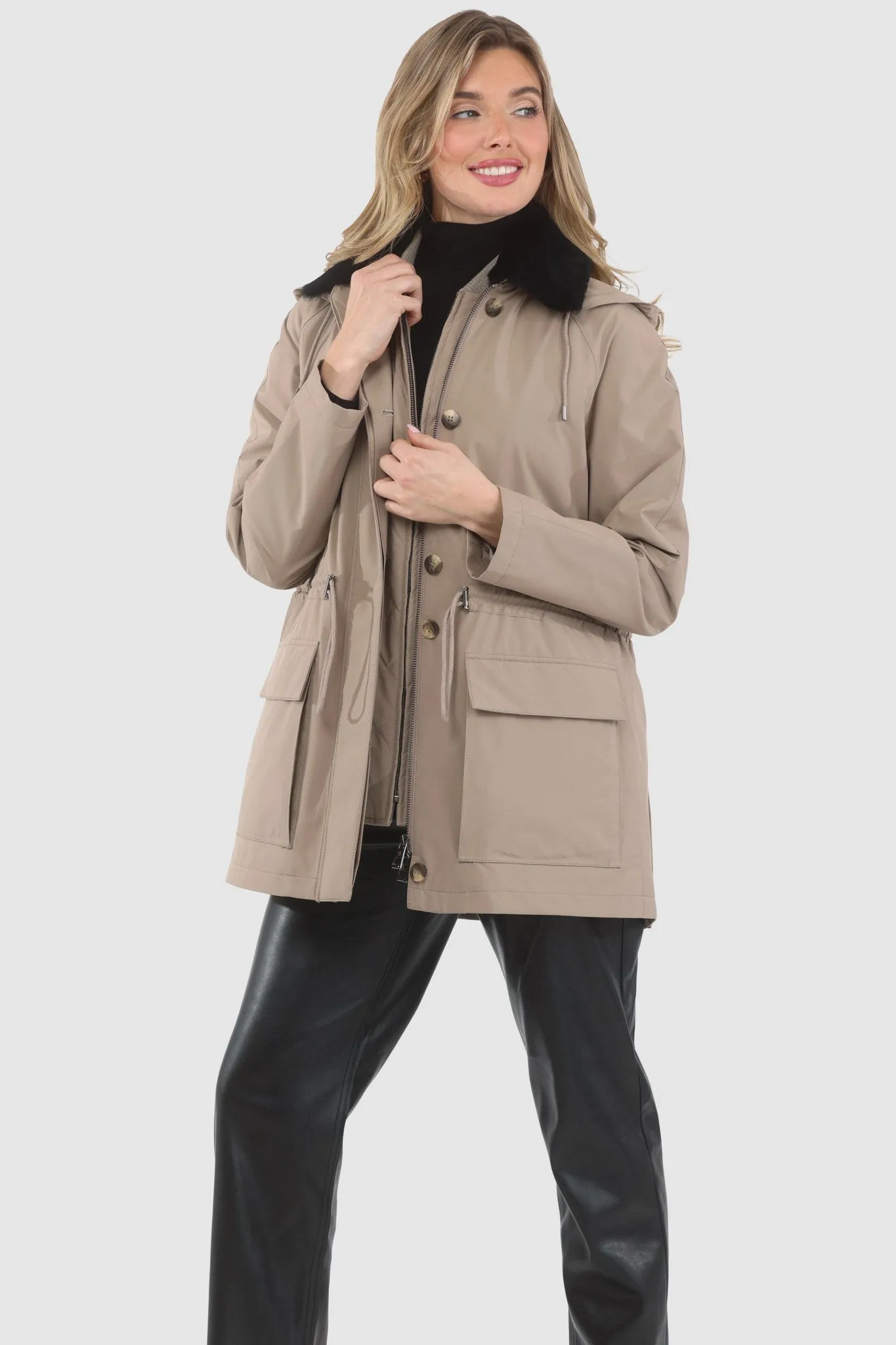 Parka with Detachable Hood and Select Shearling Lamb Collar, Removable Vest (2 Pcs)