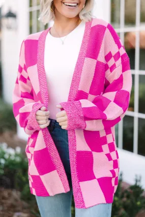 Pink Checkered Open Cardigan