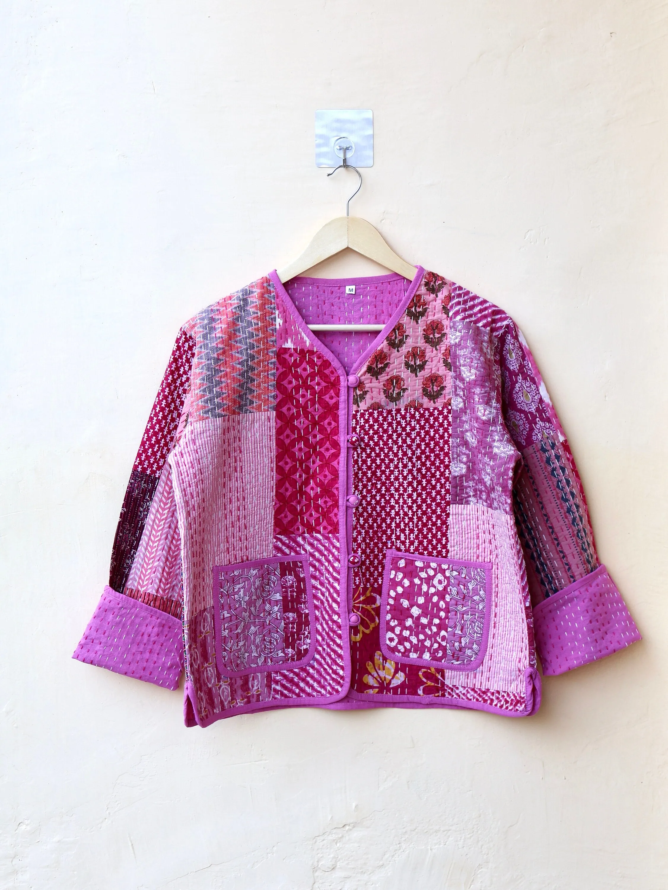 Pink Patchwork Kantha Quilted Jacket, Indian Handmade Stylish Patchwork Women's Coat, Winter Spring Reversible Kantha Jacket for Her