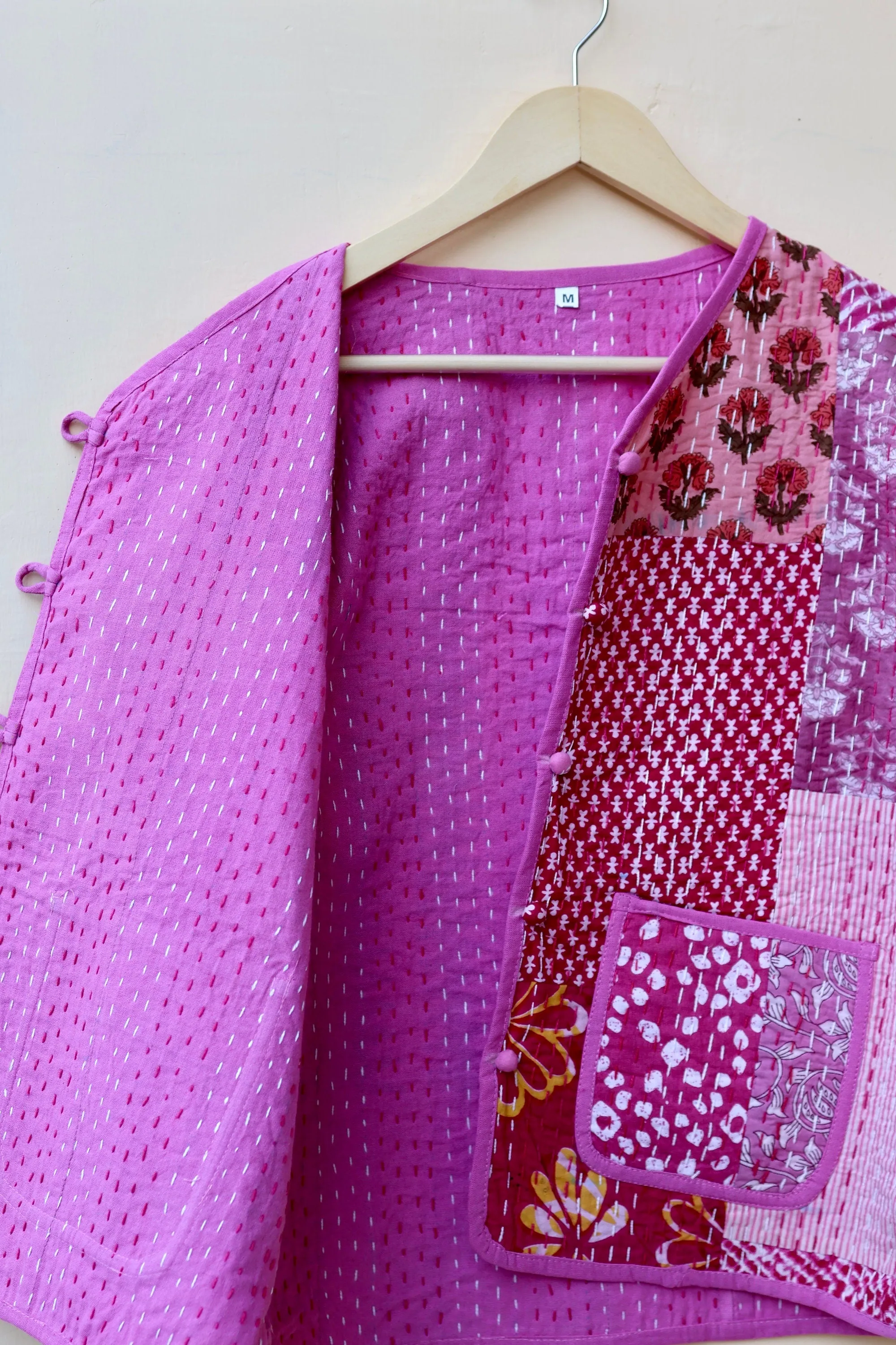 Pink Patchwork Kantha Quilted Jacket, Indian Handmade Stylish Patchwork Women's Coat, Winter Spring Reversible Kantha Jacket for Her