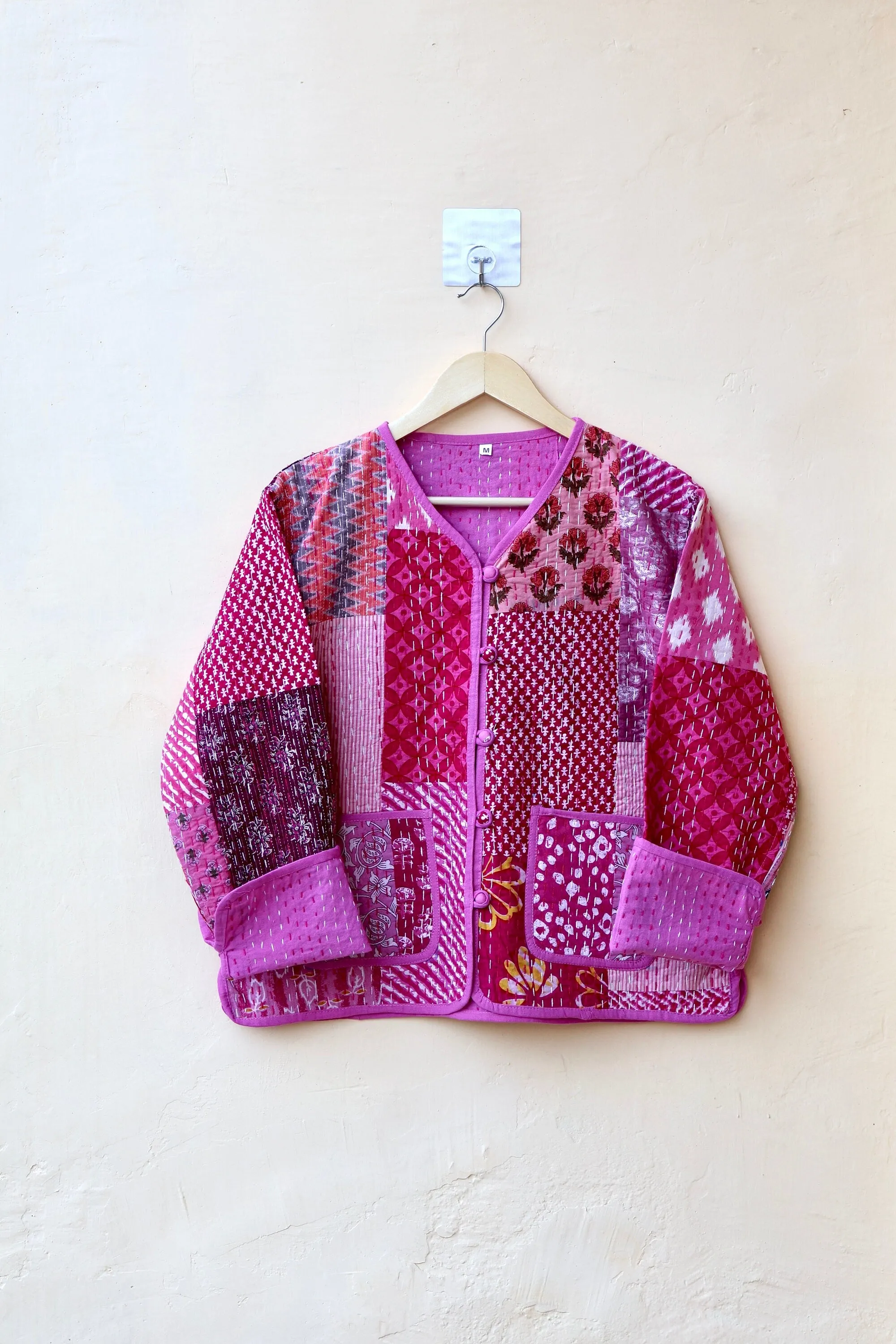 Pink Patchwork Kantha Quilted Jacket, Indian Handmade Stylish Patchwork Women's Coat, Winter Spring Reversible Kantha Jacket for Her