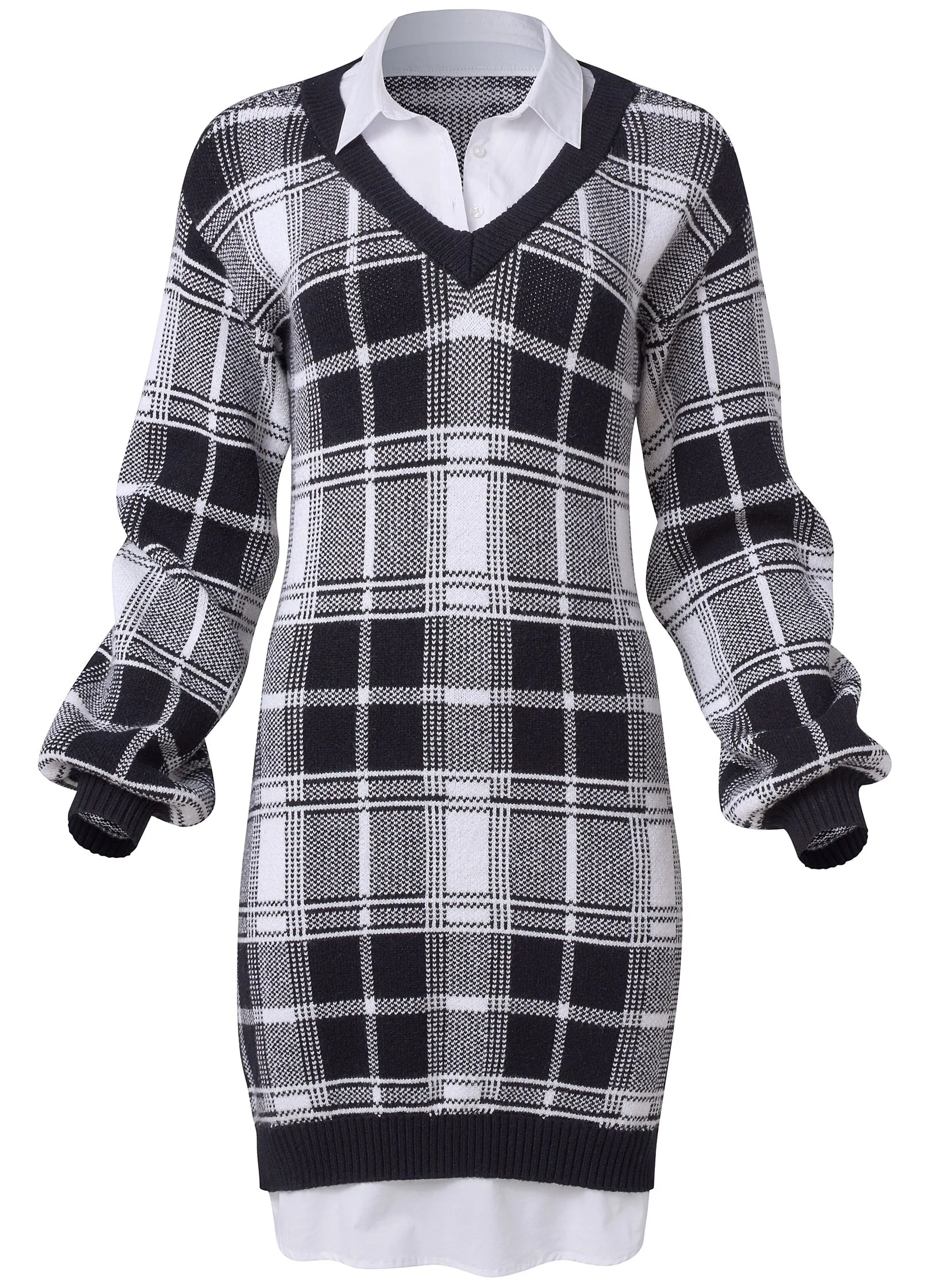 Plaid Layered Sweater Dress - White & Black