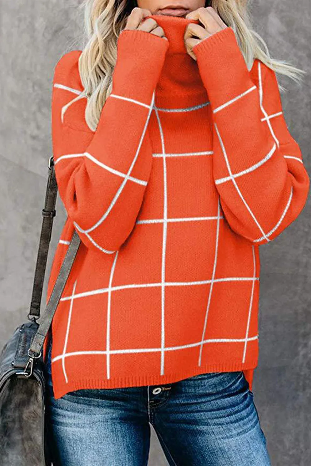 Plaid Turtleneck Drop Shoulder Sweater