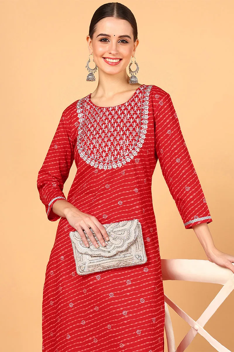 Plus Size Red Cotton Leheriya Printed Straight Kurta