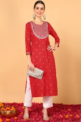 Plus Size Red Cotton Leheriya Printed Straight Kurta