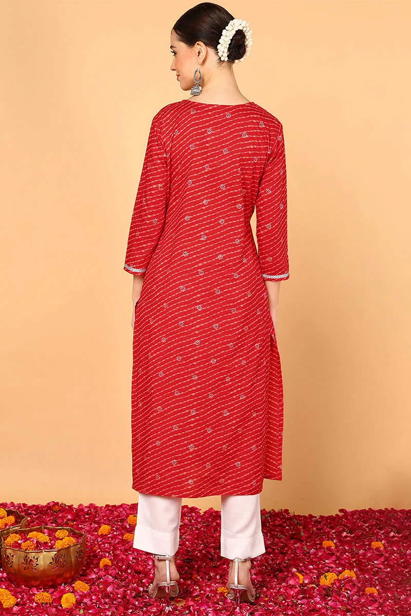 Plus Size Red Cotton Leheriya Printed Straight Kurta