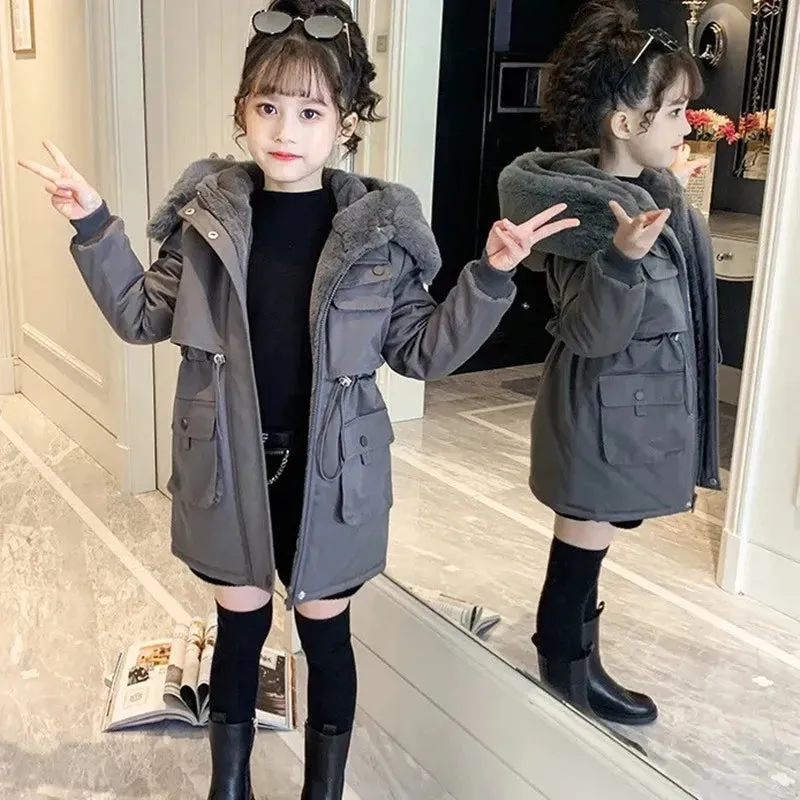 Plush Velvet Down Jacket Girls Hooded Coat Winter Outerwear Teenage Kid Parka Snowsuit Outdoors Casual Cotton Clothing 2023 New