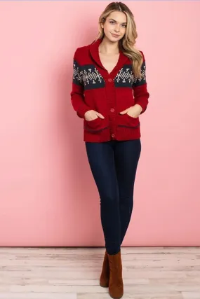 Red/Navy Pockets Button Down Sweater