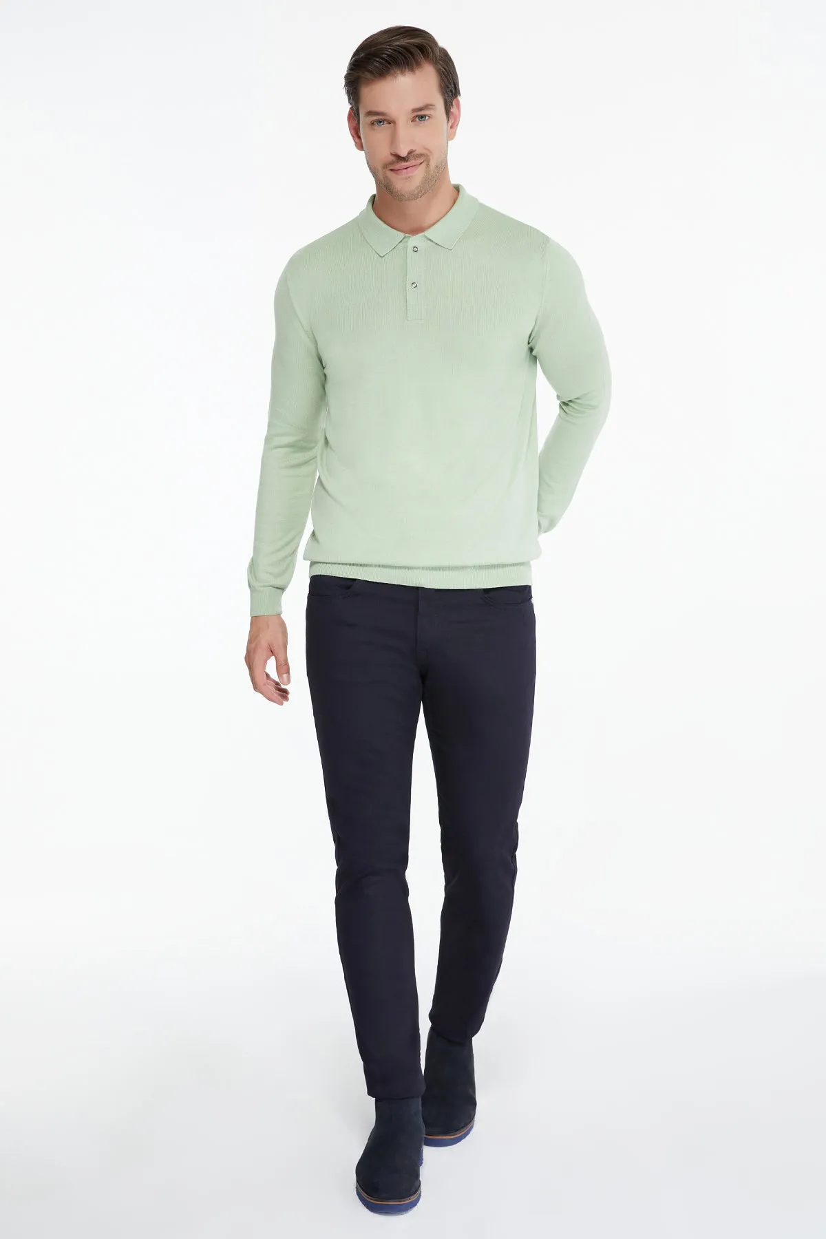 Regular Fit Cotton Blend Mint Polo Sweater