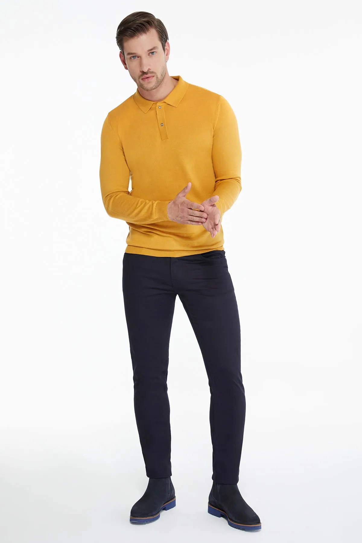 Regular Fit Cotton Blend Mustard Polo Sweater