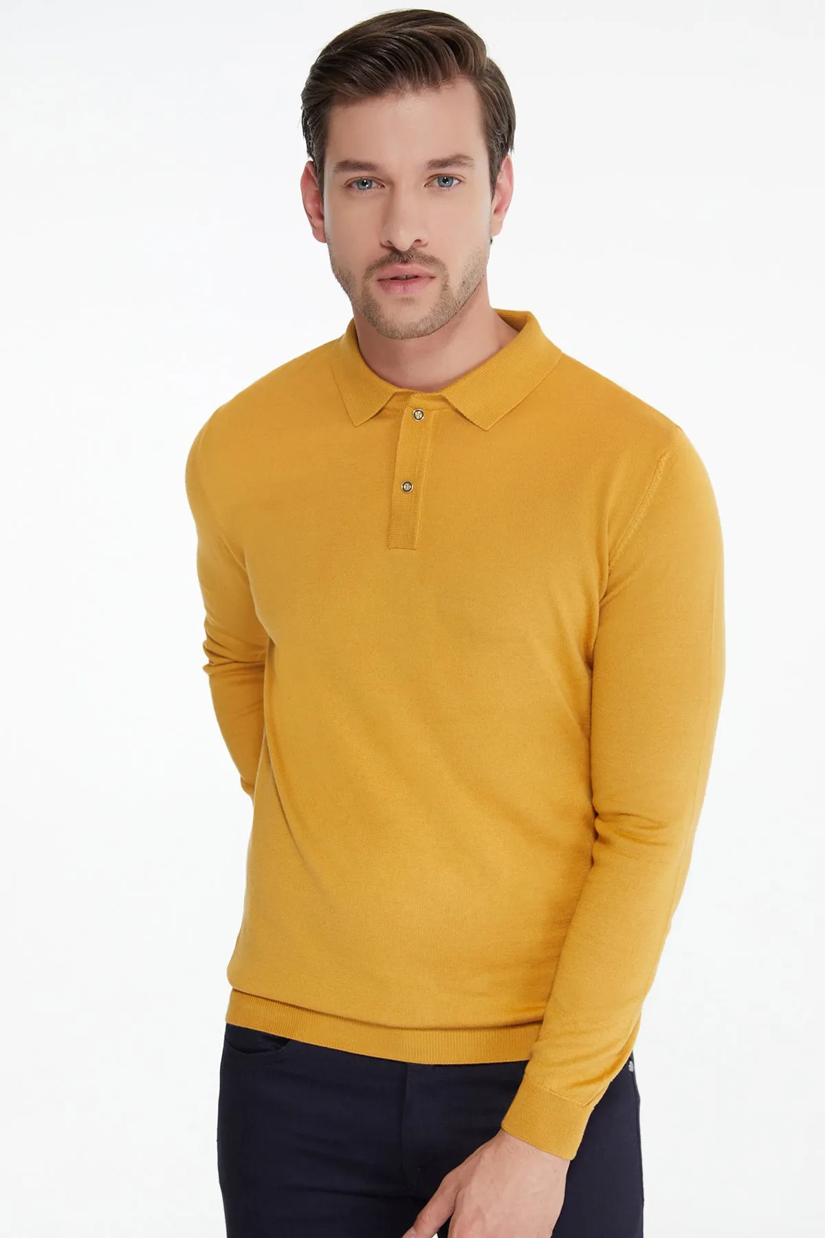 Regular Fit Cotton Blend Mustard Polo Sweater