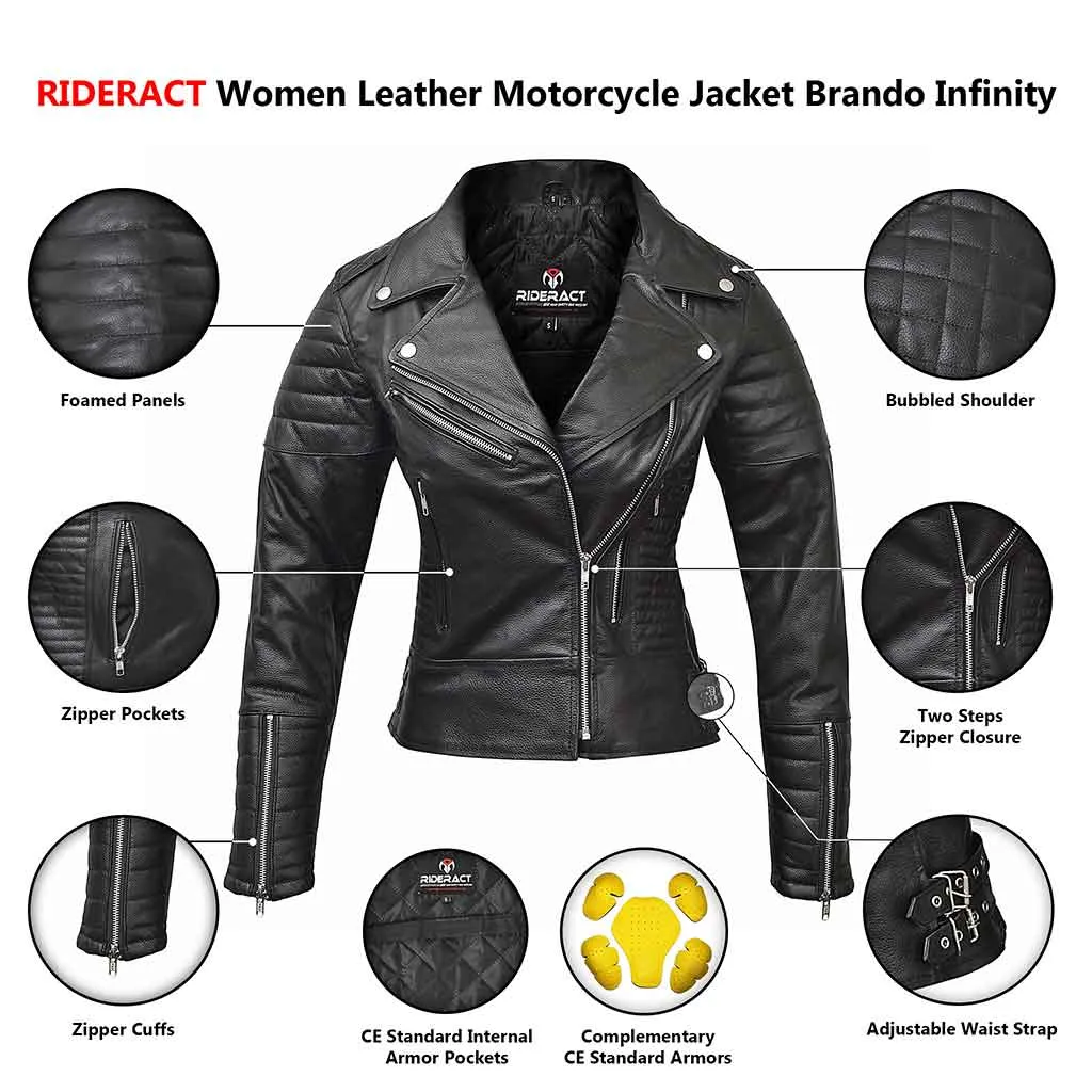 RIDERACT® Women Leather Motorcycle Jacket Black Brando Infinity Leather Biker Jacket