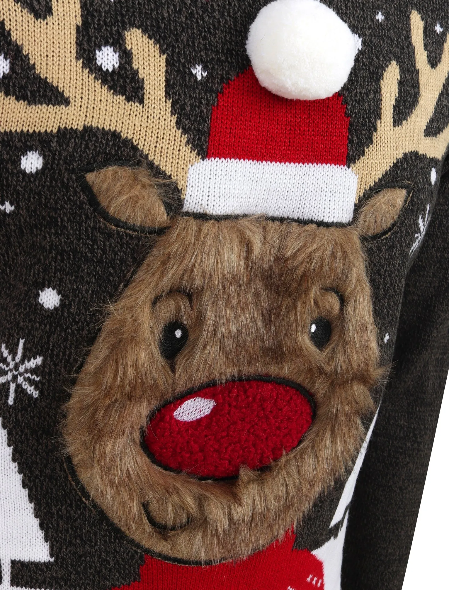 Rudolph Jumper Novelty Christmas Jumper with Faux Fur Applique in Castlerock Twist - Merry Christmas