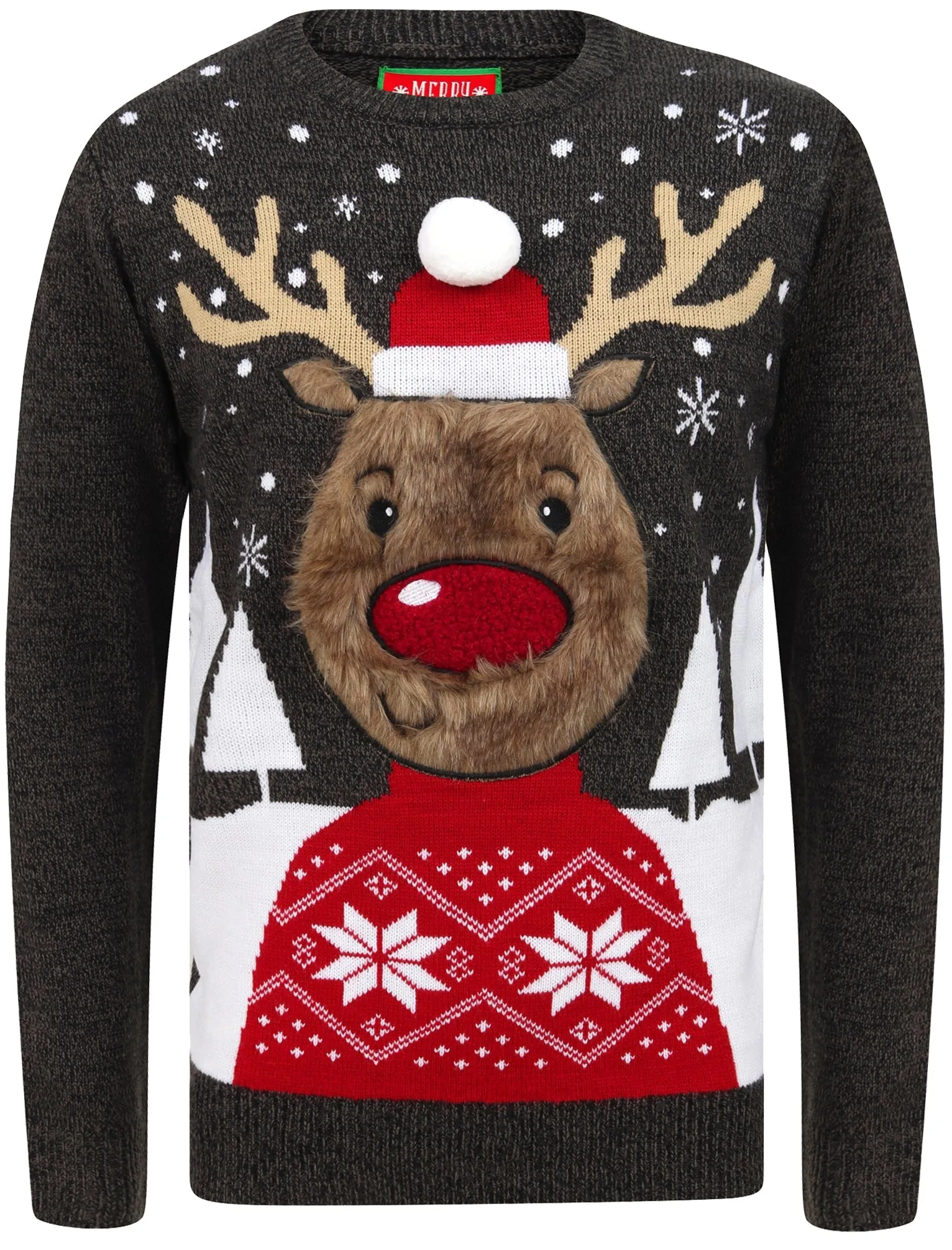 Rudolph Jumper Novelty Christmas Jumper with Faux Fur Applique in Castlerock Twist - Merry Christmas