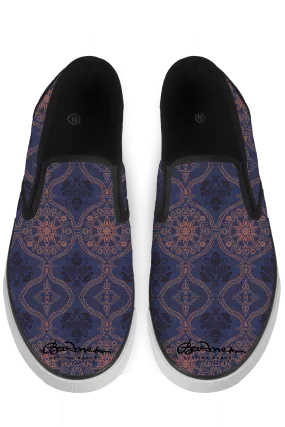 Sargasso Blue and Mellow Rose Morrocan Damask Slip On Sneakers