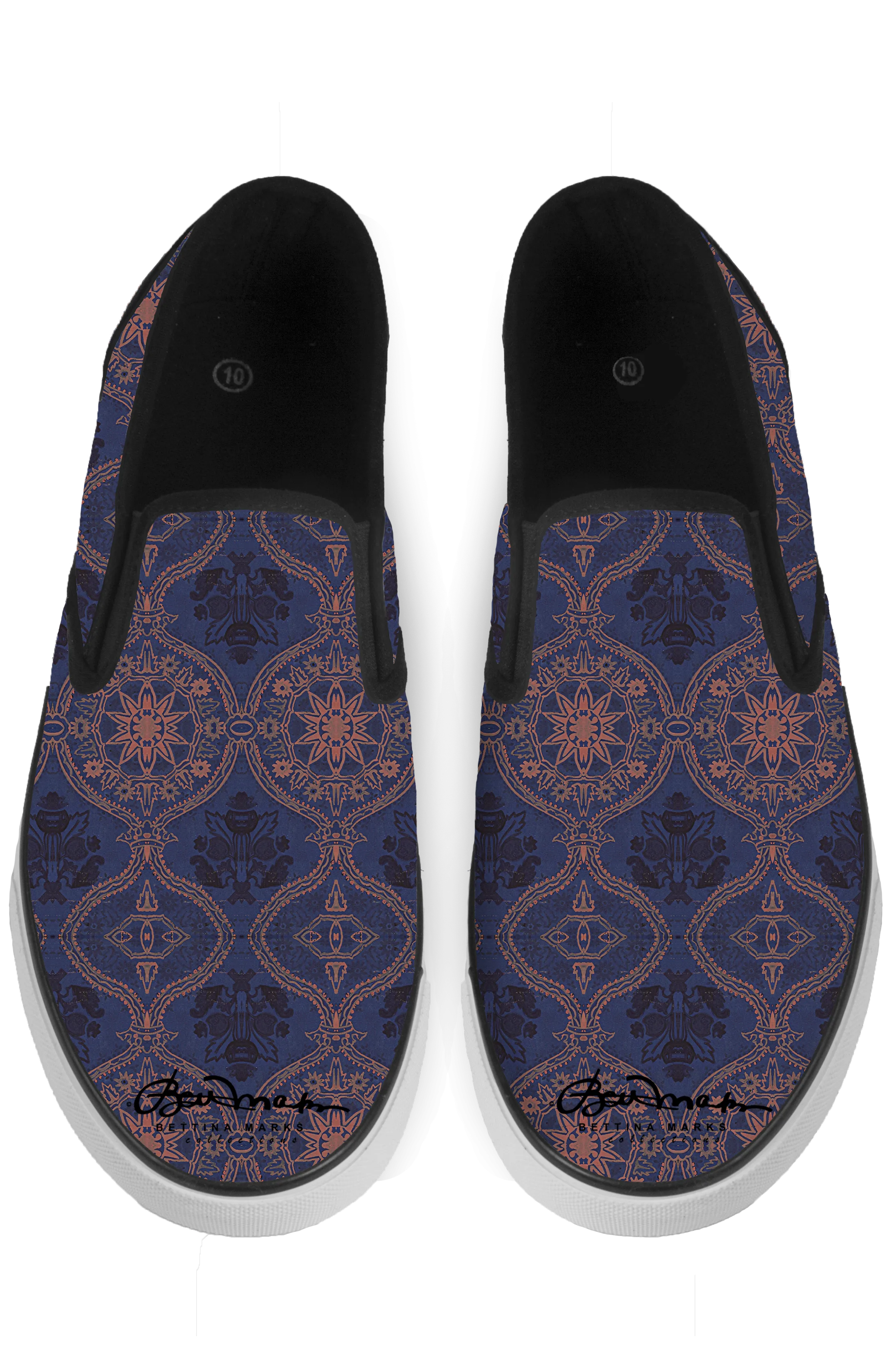 Sargasso Blue and Mellow Rose Morrocan Damask Slip On Sneakers