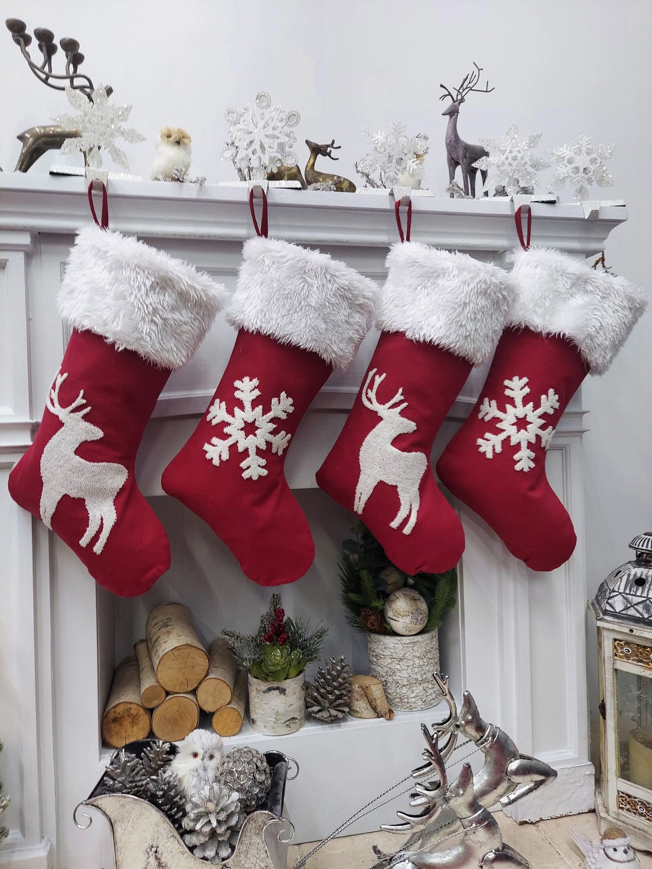 Scandi Personalized Christmas Stockings Red White Snowflake and Deer with elegant yet simple texture for Holidays.