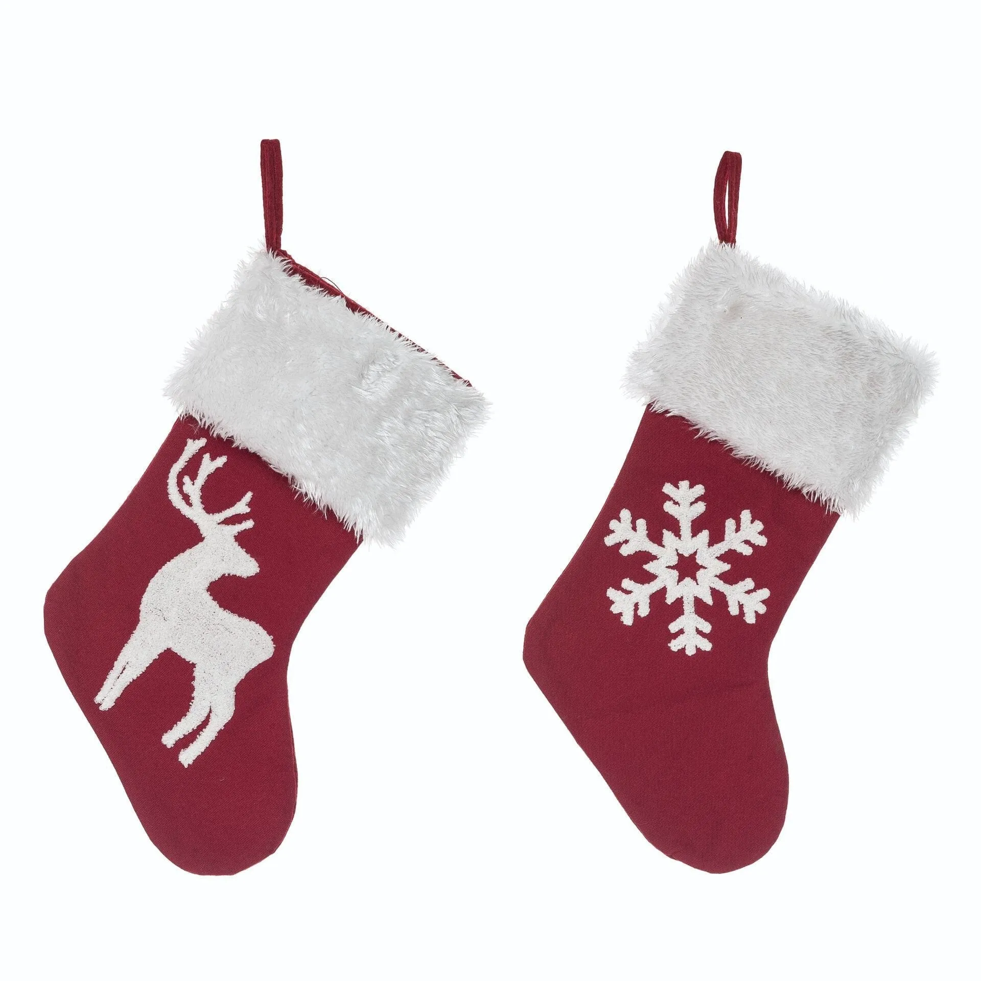 Scandi Personalized Christmas Stockings Red White Snowflake and Deer with elegant yet simple texture for Holidays.