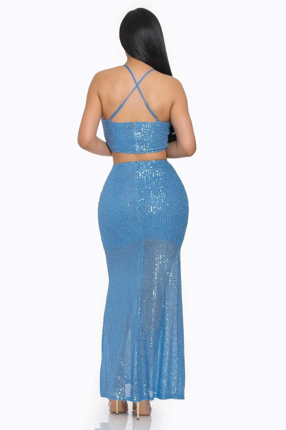 Sexy Back Baby Blue Sequin Maxi Dress