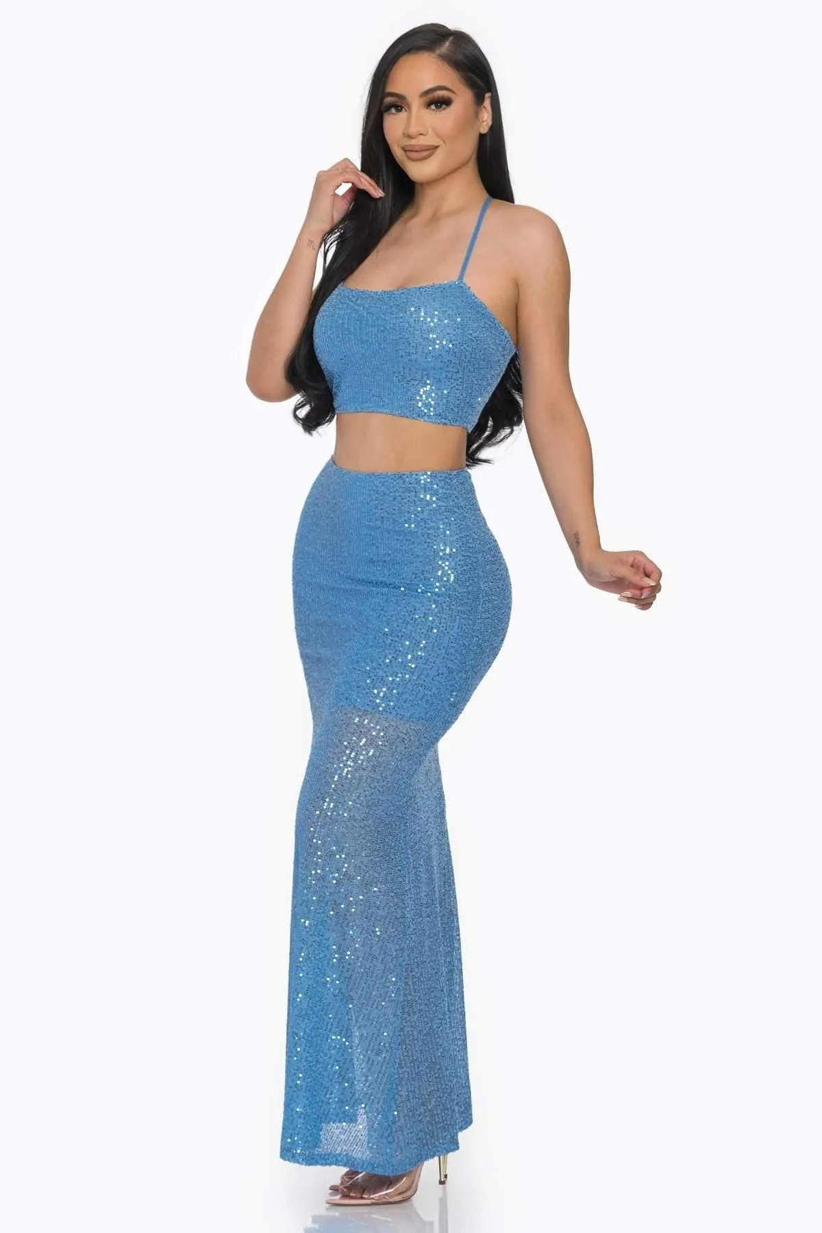 Sexy Back Baby Blue Sequin Maxi Dress