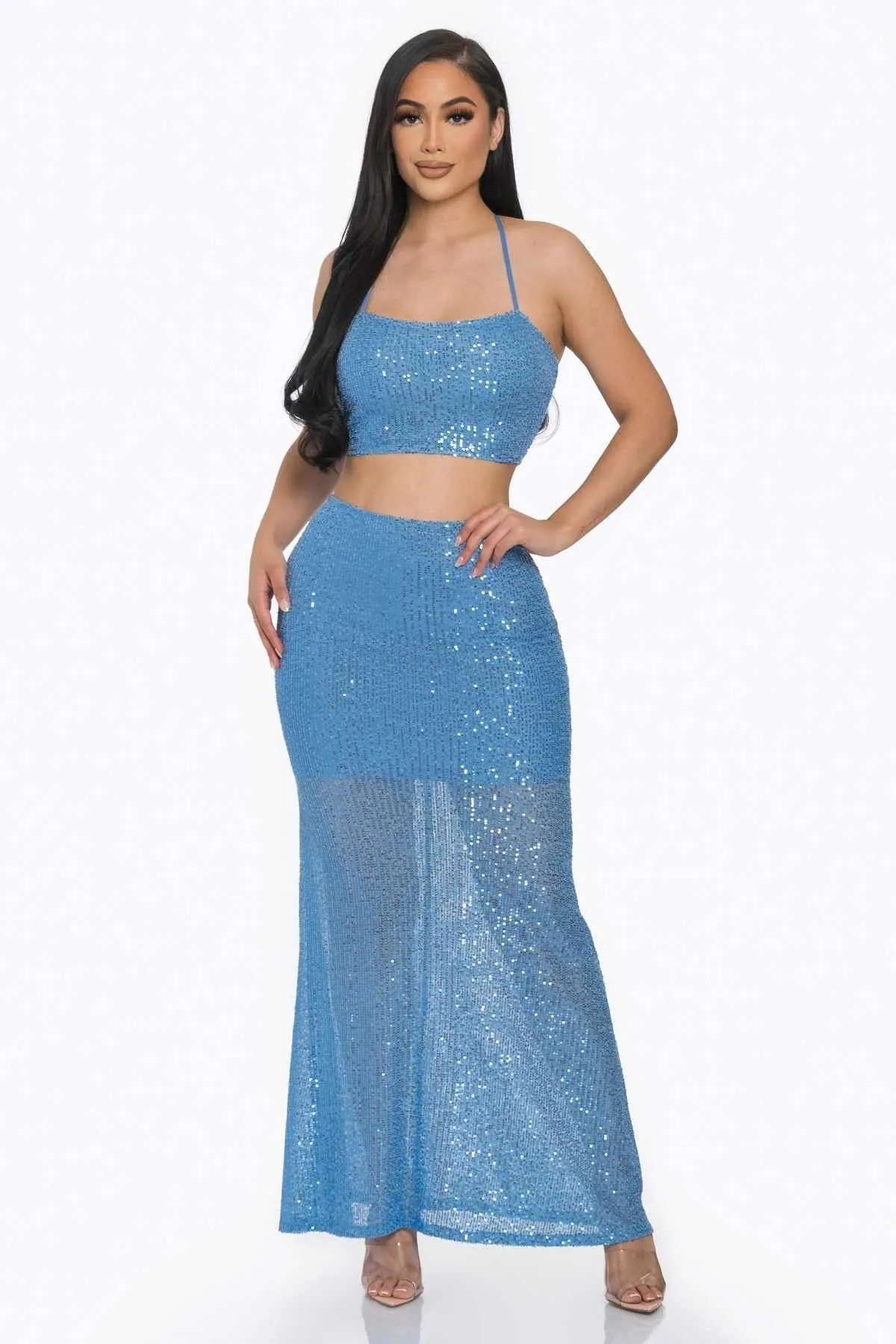 Sexy Back Baby Blue Sequin Maxi Dress