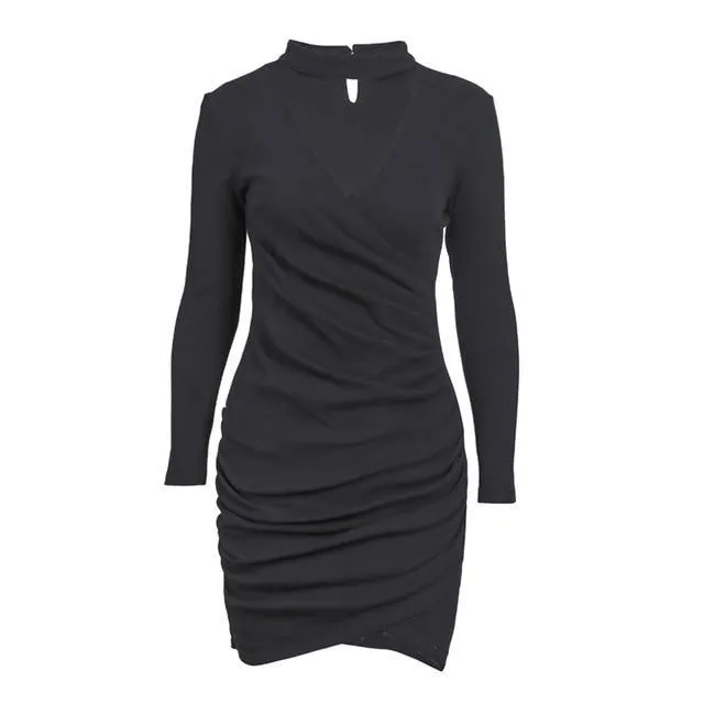 Sexy Halter Winter Sweater Long Sleeve Ruched Dress