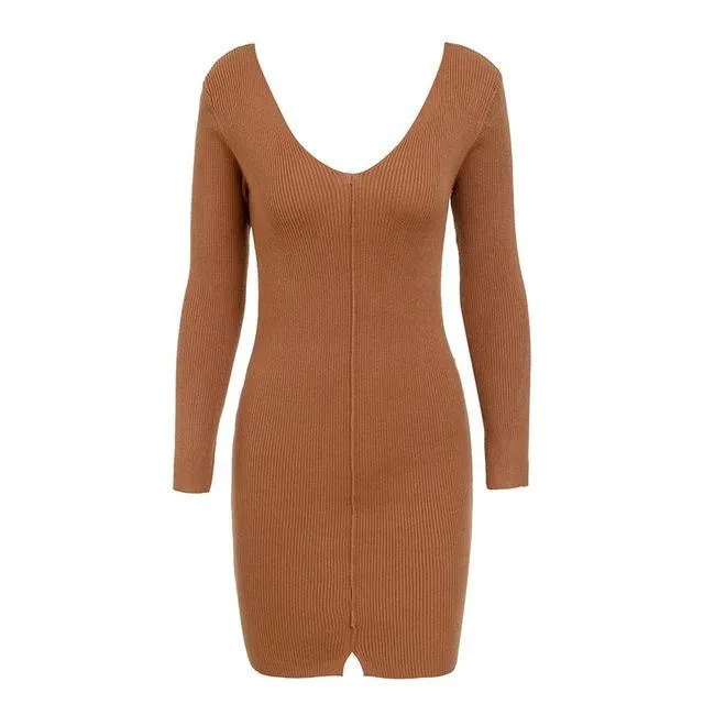 Sexy V Neck Knitted Sweater Split Long Sleeve Dress