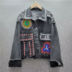 Spliced Diamonds Denim Jackets For Women Lapel Long Sleeve Loose Casual Streetwear Chic Coat Female Fashion Clothes