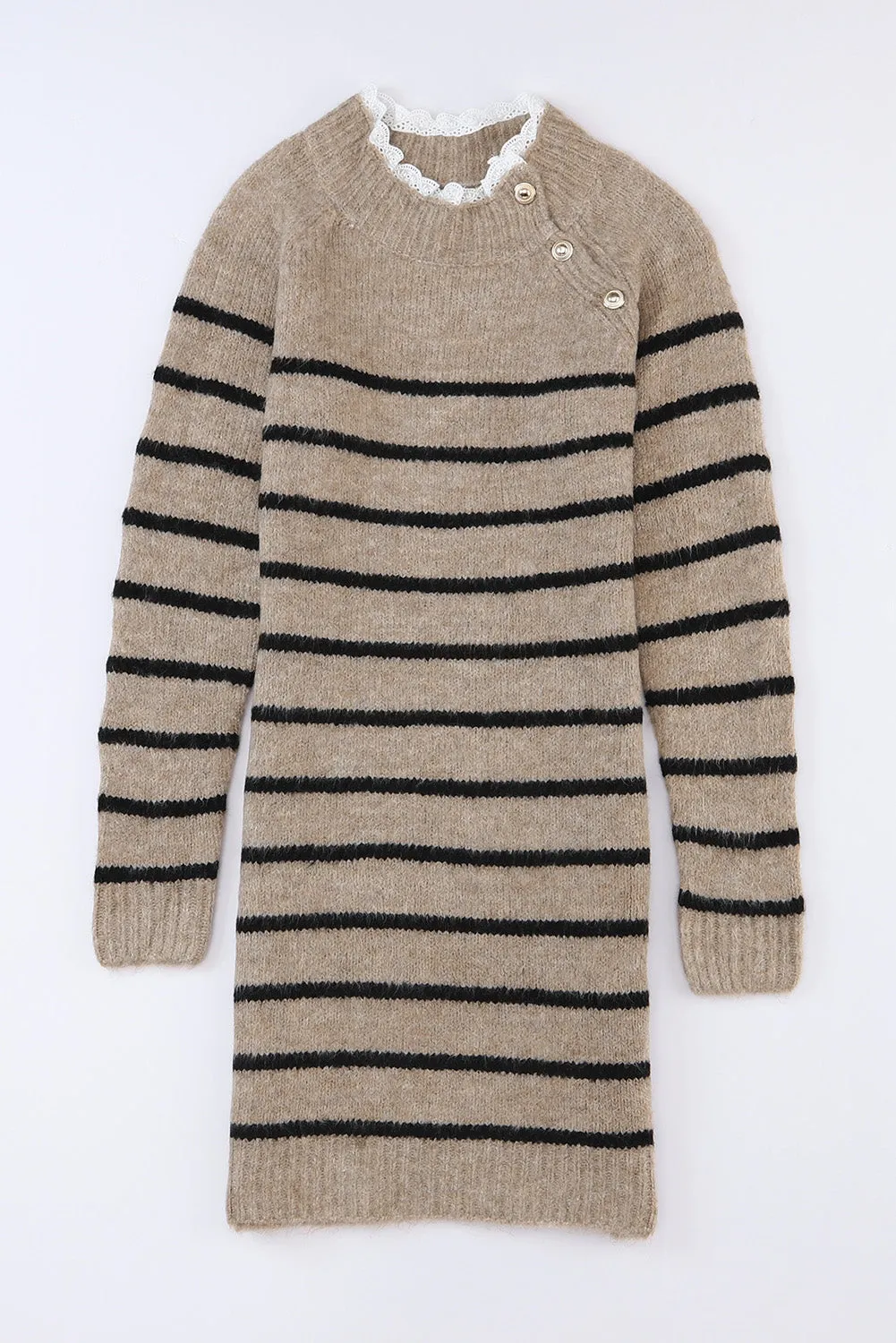 Striped Lace Trim Button Sweater Dress