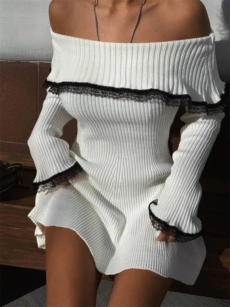 TAVIMART  -  Knit Off-Shoulder Sweater Mini Dress Women's Lace Patchwork Ribbed Slim Backless Elegant Party Dress Knitwear Mini Dress