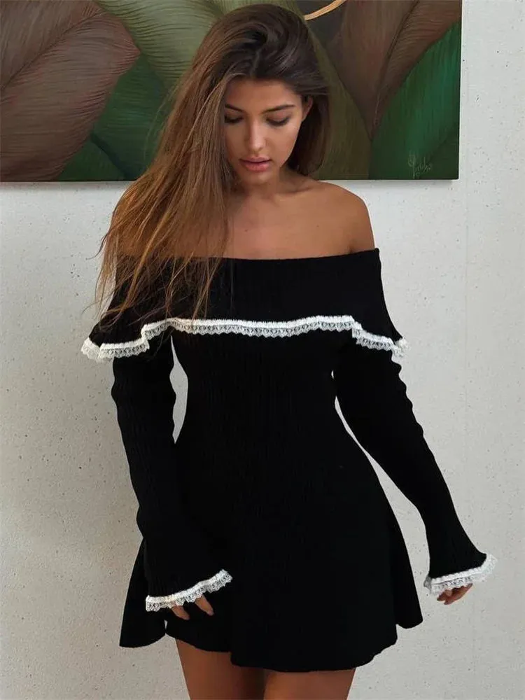 TAVIMART  -  Knit Off-Shoulder Sweater Mini Dress Women's Lace Patchwork Ribbed Slim Backless Elegant Party Dress Knitwear Mini Dress