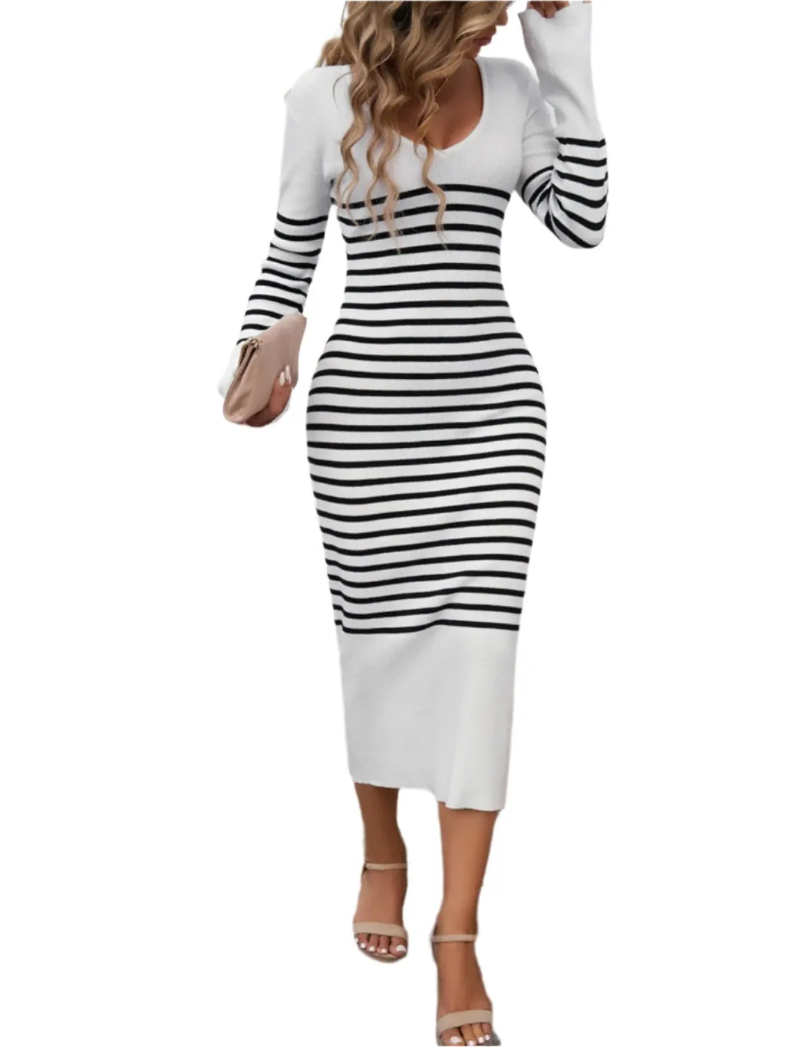 TEEK - Devine Striped V-Neck Long Sleeve Sweater Dress