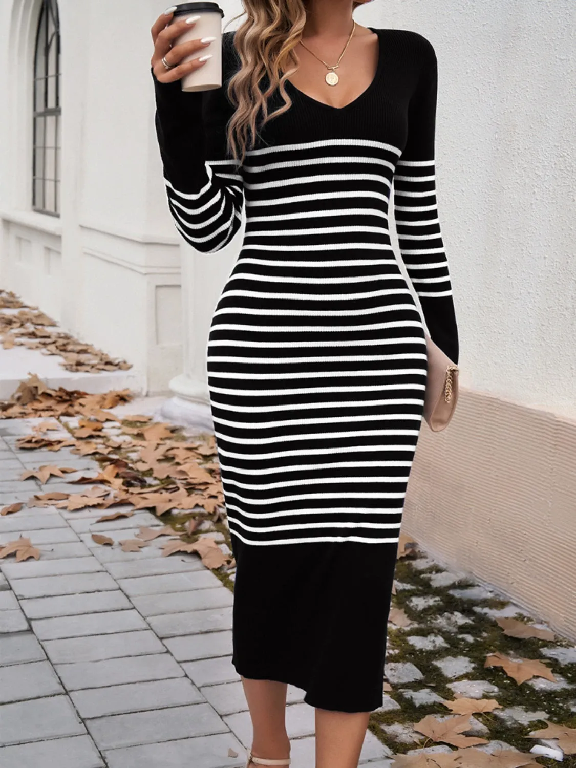 TEEK - Devine Striped V-Neck Long Sleeve Sweater Dress