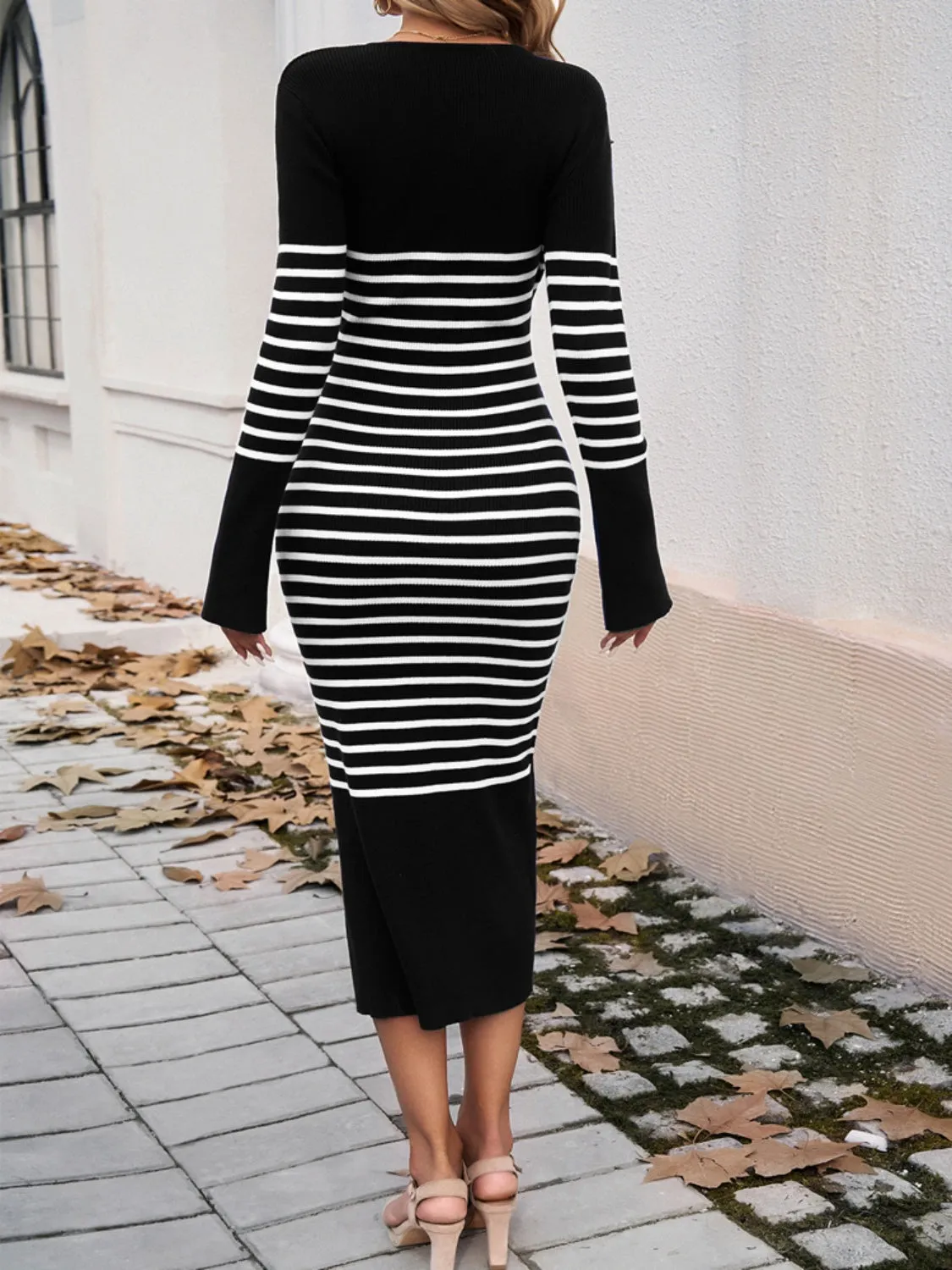 TEEK - Devine Striped V-Neck Long Sleeve Sweater Dress