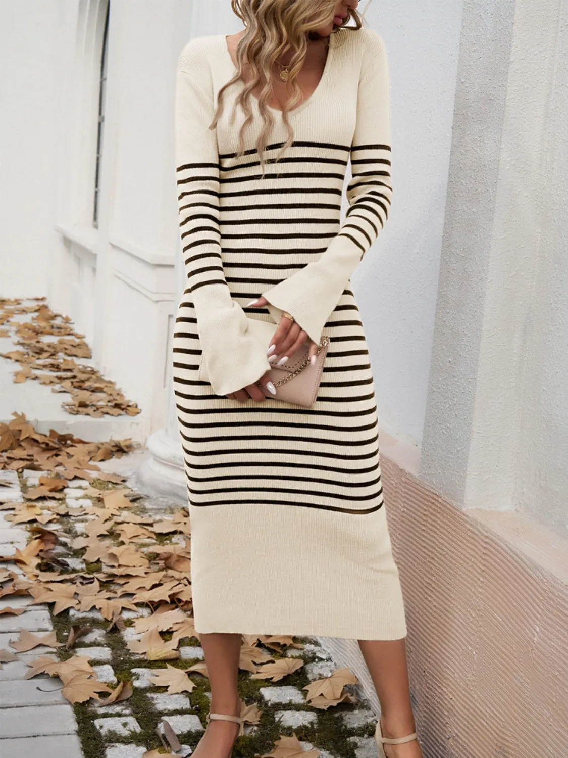 TEEK - Devine Striped V-Neck Long Sleeve Sweater Dress