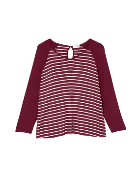 Tessie Long Sleeve Contrast Split Back Tee | Burgundy / Ivory