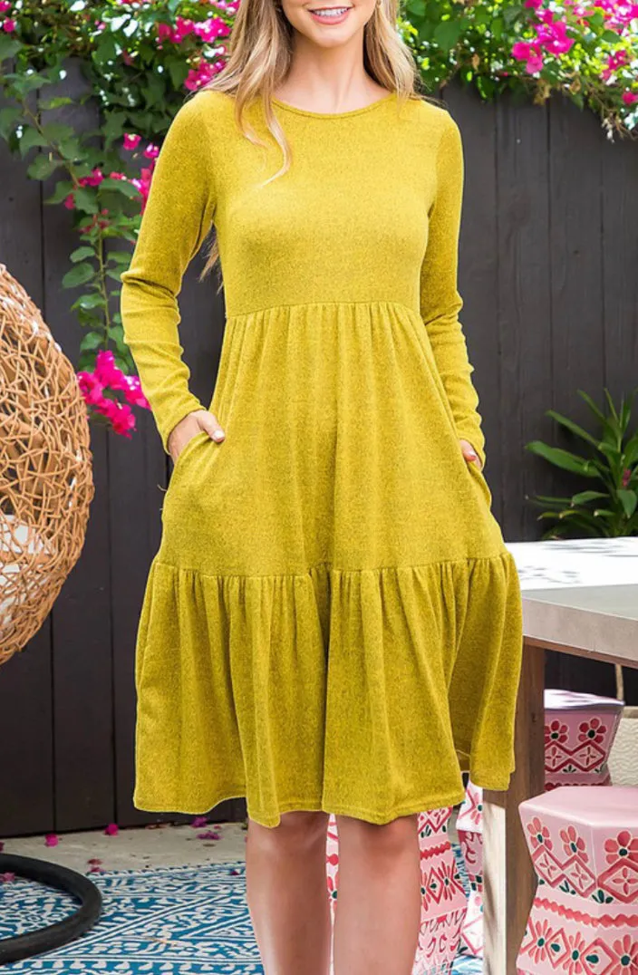 Tiered Ruffle Sweater Dress Style 7958 in Mustard