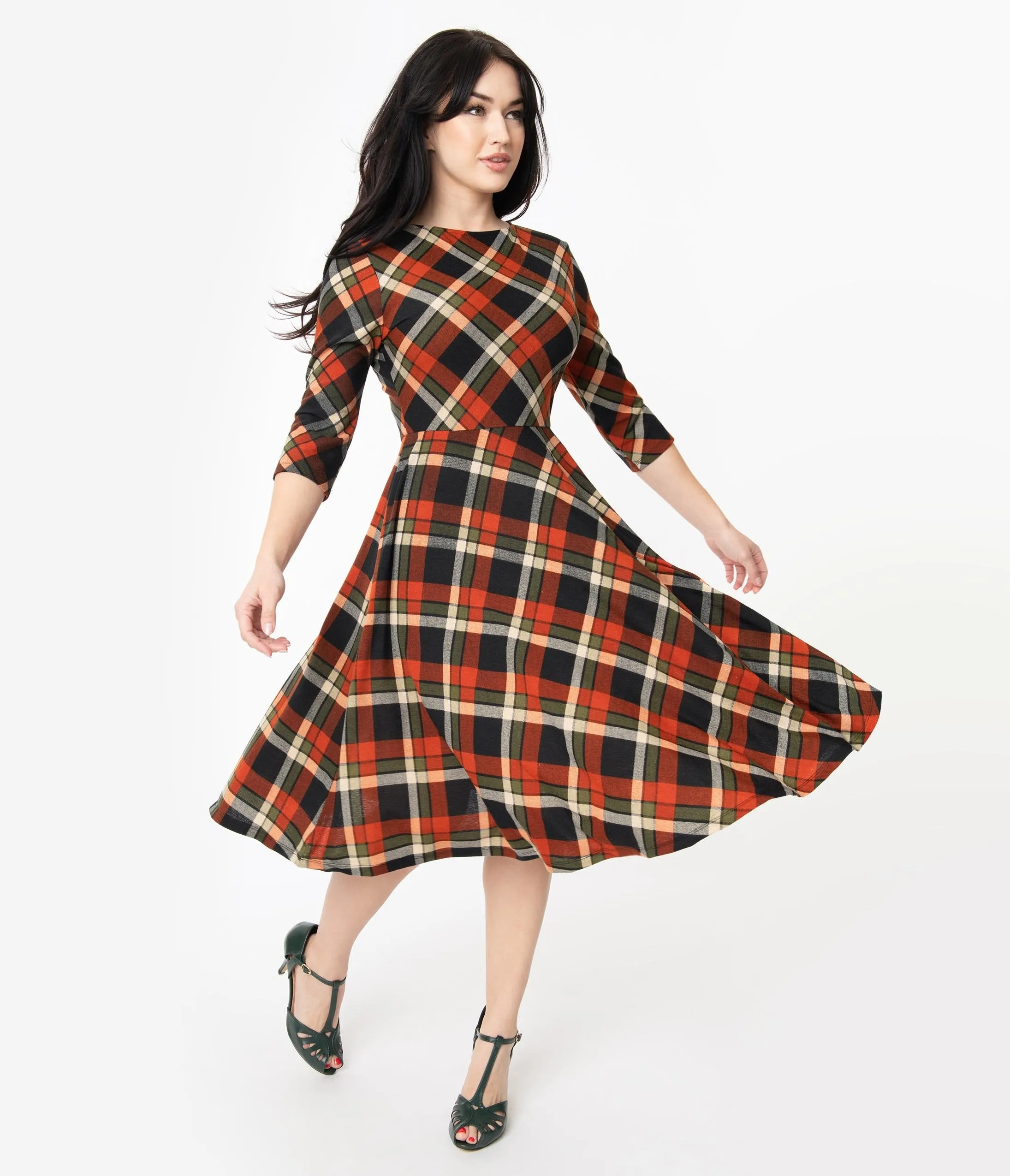 Unique Vintage 1950s Orange & Black Plaid Nicole Swing Dress