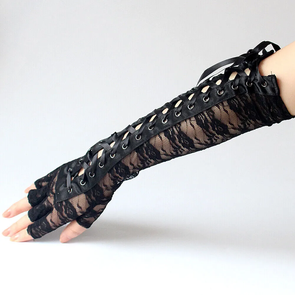 US 15.3‘’ Women's Sexy Elbow Length Fingerless Lace Up Arm Tie Long Lace Gloves