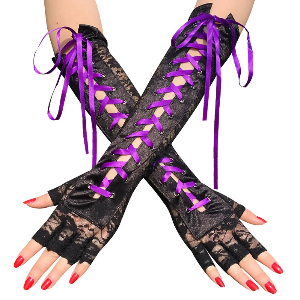 US 15.3‘’ Women's Sexy Elbow Length Fingerless Lace Up Arm Tie Long Lace Gloves