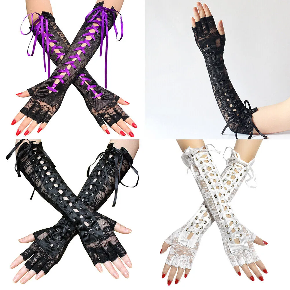 US 15.3‘’ Women's Sexy Elbow Length Fingerless Lace Up Arm Tie Long Lace Gloves