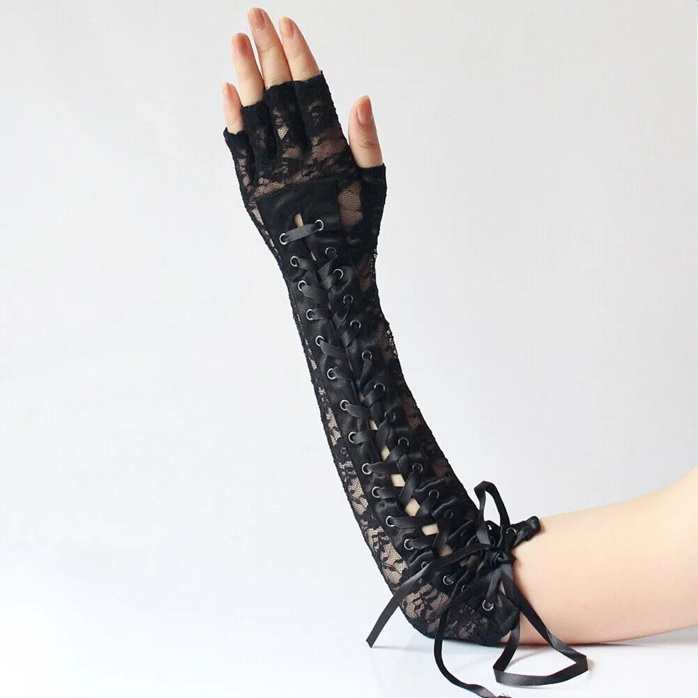 US 15.3‘’ Women's Sexy Elbow Length Fingerless Lace Up Arm Tie Long Lace Gloves