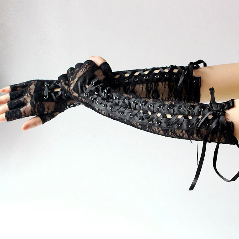 US 15.3‘’ Women's Sexy Elbow Length Fingerless Lace Up Arm Tie Long Lace Gloves