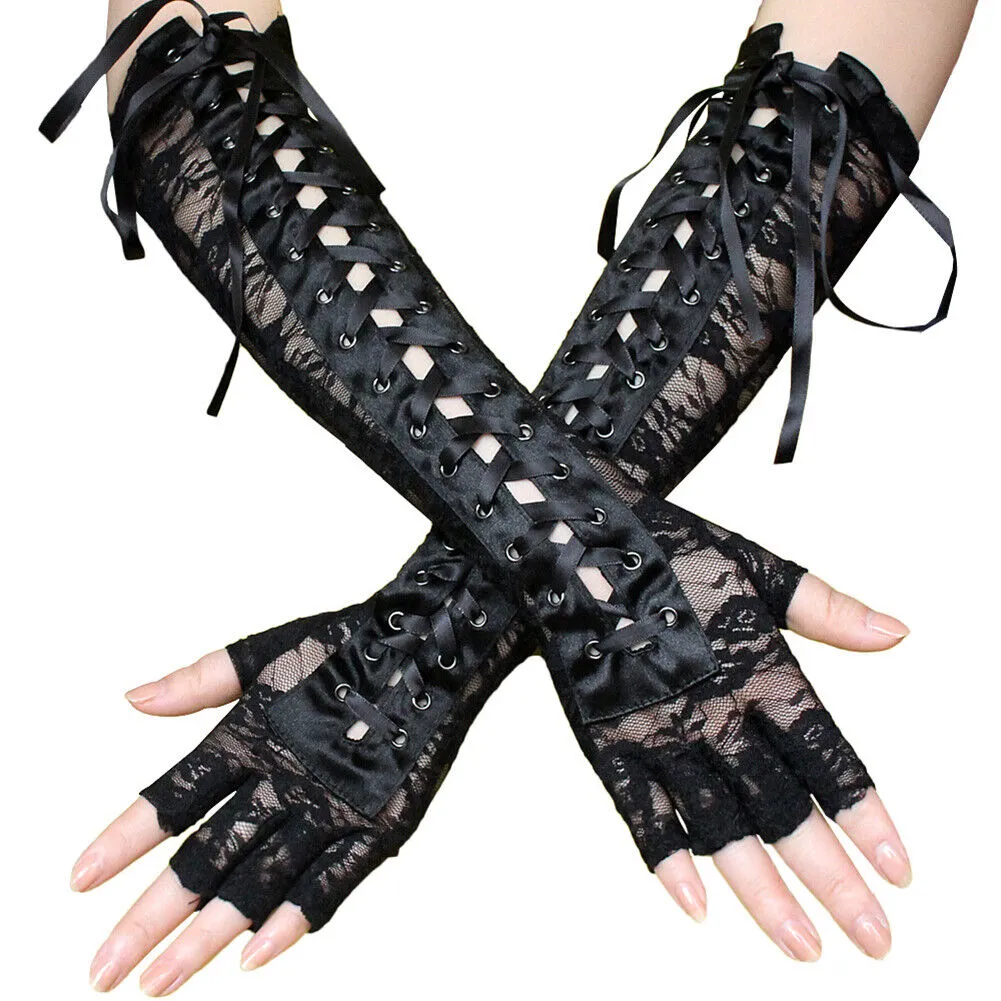 US 15.3‘’ Women's Sexy Elbow Length Fingerless Lace Up Arm Tie Long Lace Gloves