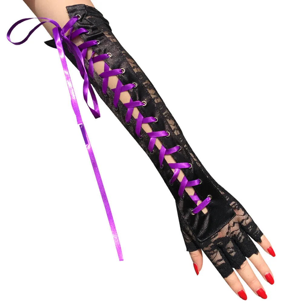 US 15.3‘’ Women's Sexy Elbow Length Fingerless Lace Up Arm Tie Long Lace Gloves